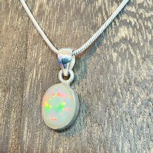 Natural White Welo Fire Opal Sterling Silver Pendant Necklace (18.5”)